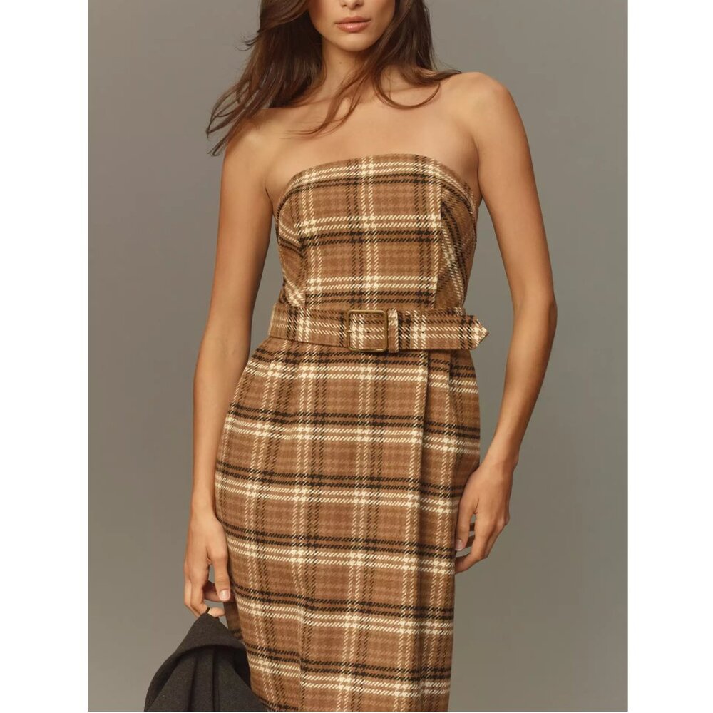 By Anthropologie Strapless Belted Midi Dress Wool Plaid Brown 12